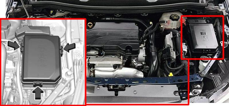 Location of the fuses in the engine compartment: Holden Astra (BL; 2017, 2018)