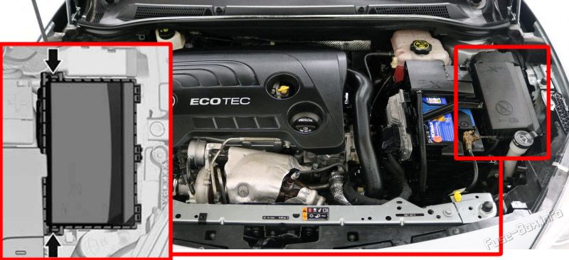 Location of the fuses in the engine compartment: Holden Astra (PJ; 2015, 2016, 2017)