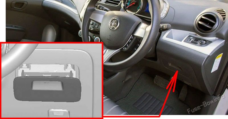 Location of the fuses in the passenger compartment: Holden Barina Spark (MJ; 2010-2015)