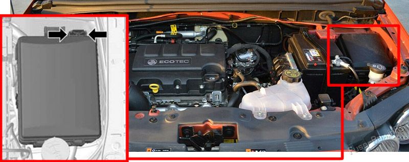 Location of the fuses in the engine compartment: Holden Barina (TM; 2012-2016)
