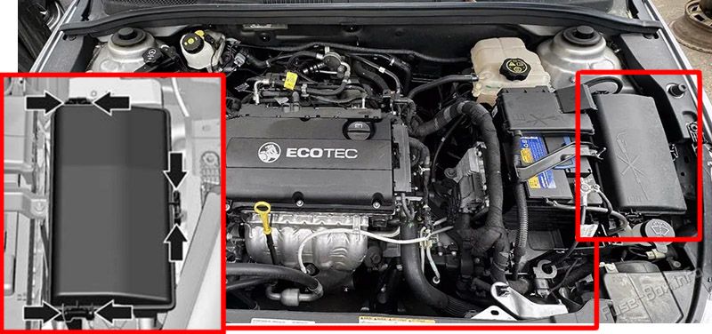 Location of the fuses in the engine compartment: Holden Cruze (JG/JH; 2010-2016)