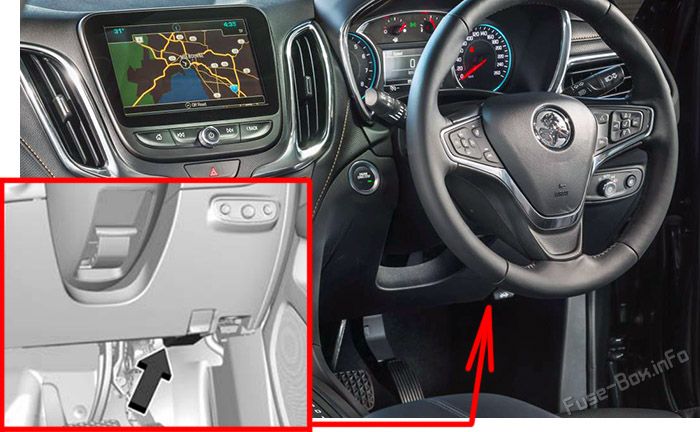 Location of the fuses in the passenger compartment: Holden Equinox (2017-2020)
