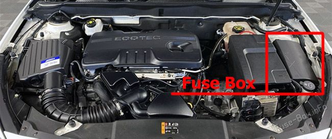 Location of the fuses in the engine compartment: Holden Malibu (2013, 2014, 2015)