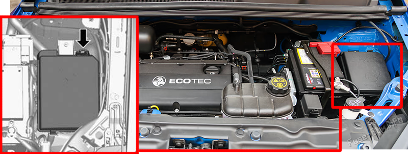 Location of the fuses in the engine compartment: Holden Trax (TJ; 2013-2016)