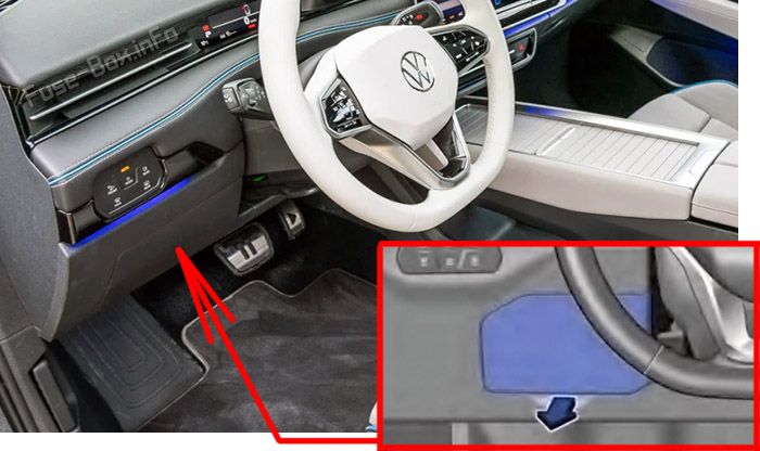 Location of the fuses in the passenger compartment (LHD): Volkswagen ID.7 (2023-2024)