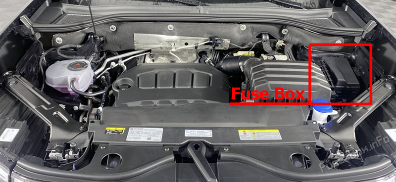 Location of the fuses in the engine compartment: Volkswagen Atlas / Teramont (2023, 2024)