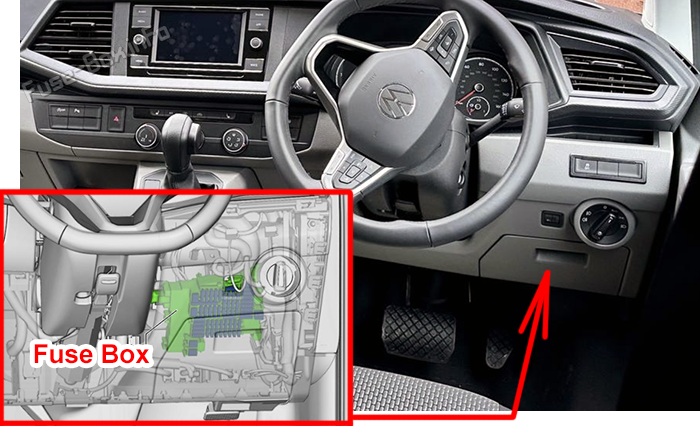 Location of the fuses in the passenger compartment (RHD): Volkswagen Transporter (T6.1; 2019, 2020, 2021)