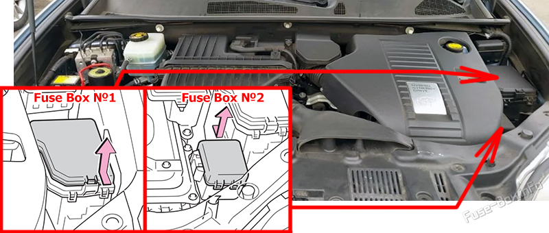 Location of the fuses in the engine compartment: Toyota Highlander Hybrid (XU40; 2008-2010)