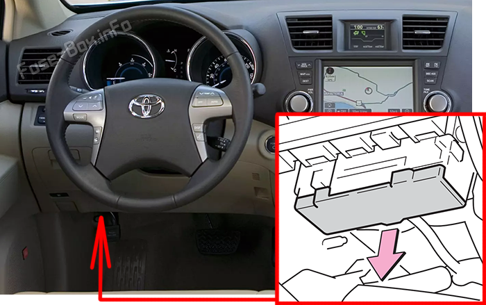 Location of the fuses in the passenger compartment: Toyota Highlander Hybrid (XU40; 2008-2010)