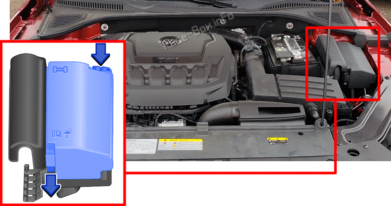 Location of the fuses in the engine compartment: Volkswagen Passat A34 (NA; 2020-2023)